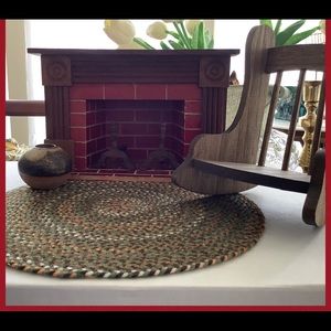 Hitty Fireplace with Andirons, braided rug, pot,
